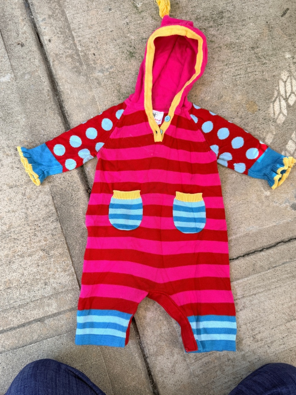 Hanna Andersson Pink & Red Striped One-Piece with Blue Polka Dot Sleeves
